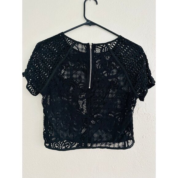 Women’s crop top small Black Crochet Lace sheer blouse shirt short sleeve zip up - Picture 3 of 3